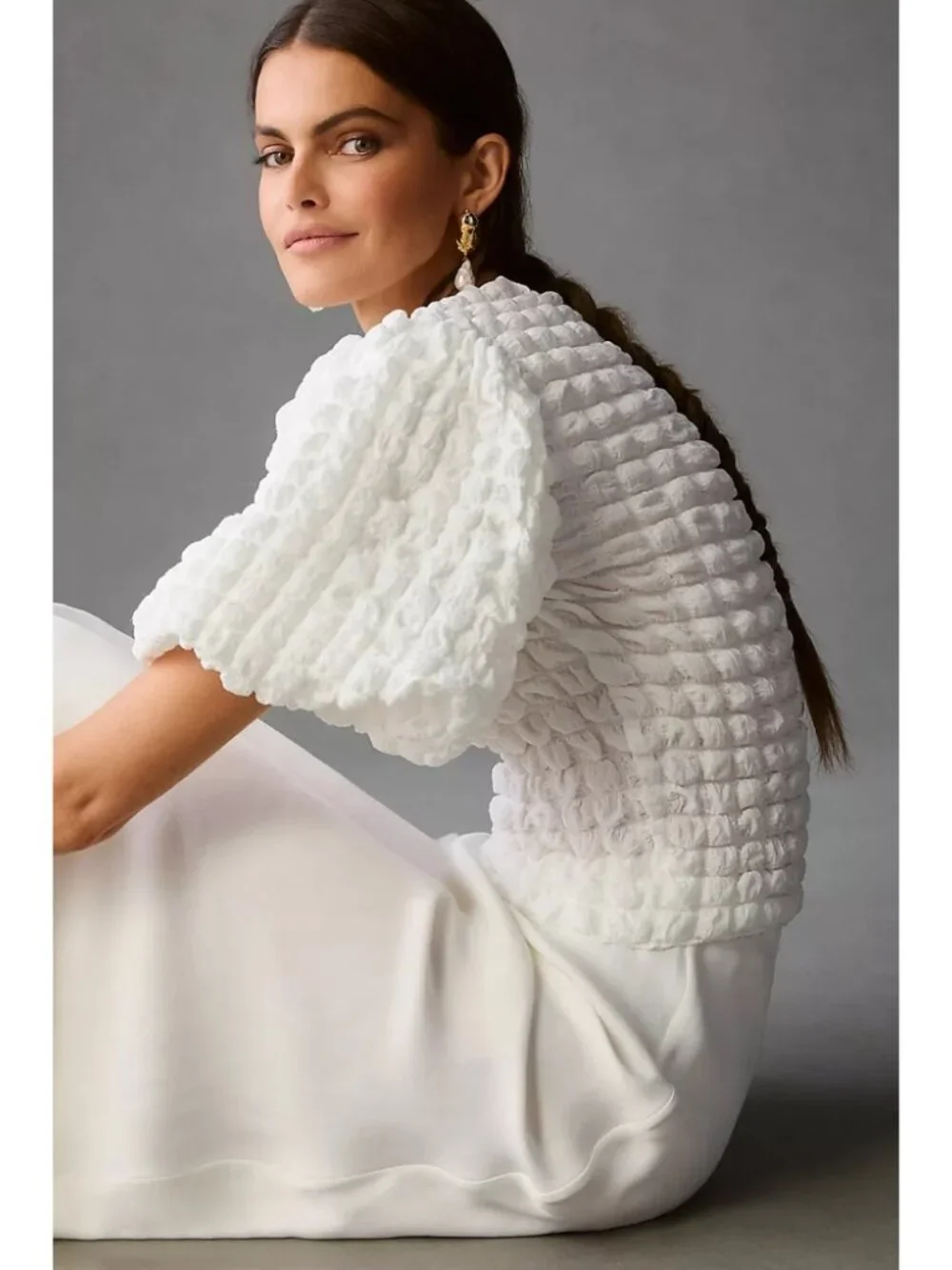 Eri + Ali Textured Puff-Sleeve Top White Textured Bubble Smocked Fitted Size S